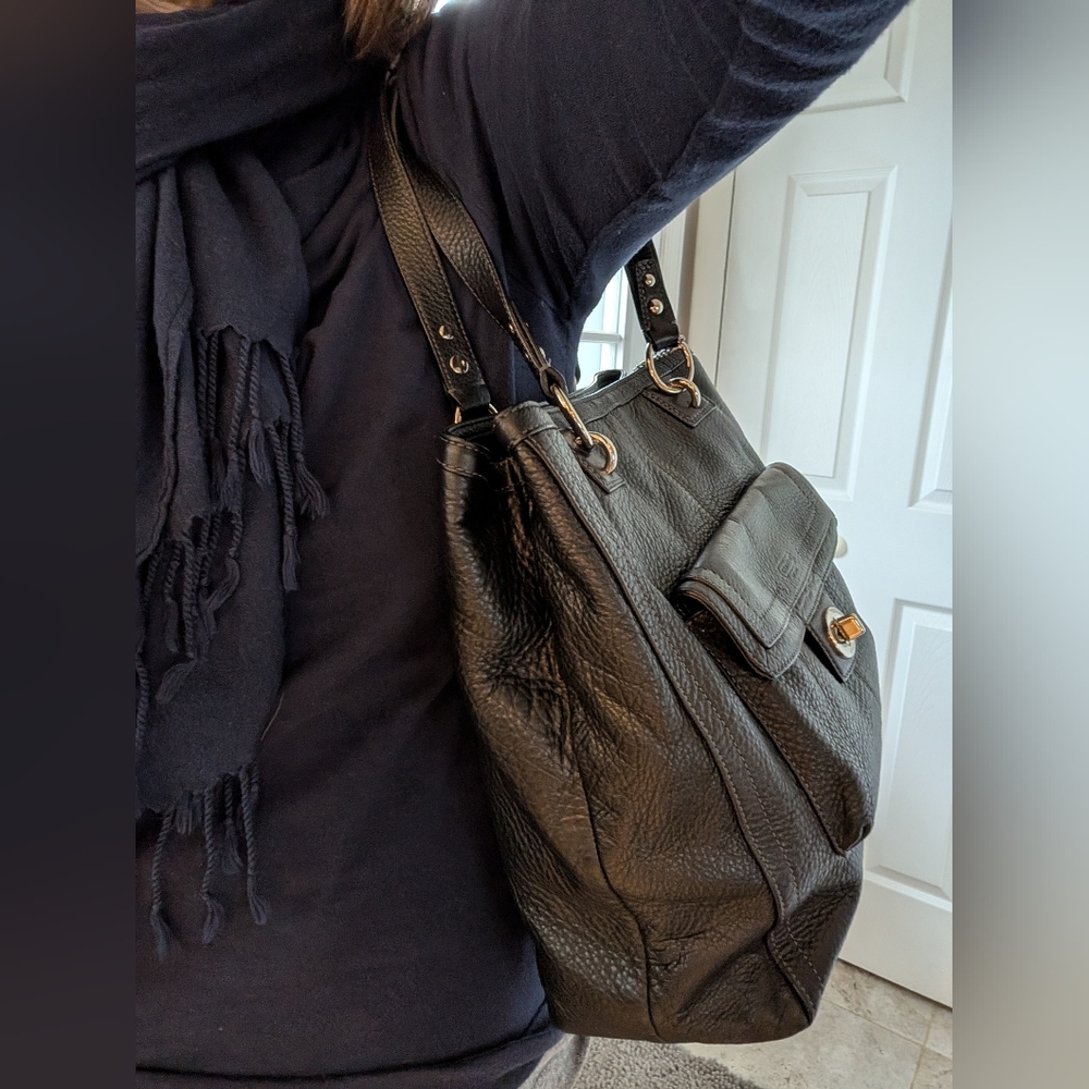 Coach "Penelope" (F19264) Black Pebbled Leather Tote with Turnlock Front Pocket - Picture 15 of 16